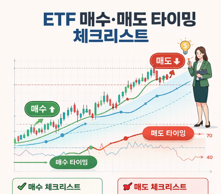 2026년 ETF 매수·매도 타이밍 체크리스트 인포그래픽 – FOMC·금리·RSI 기준 투자 전략